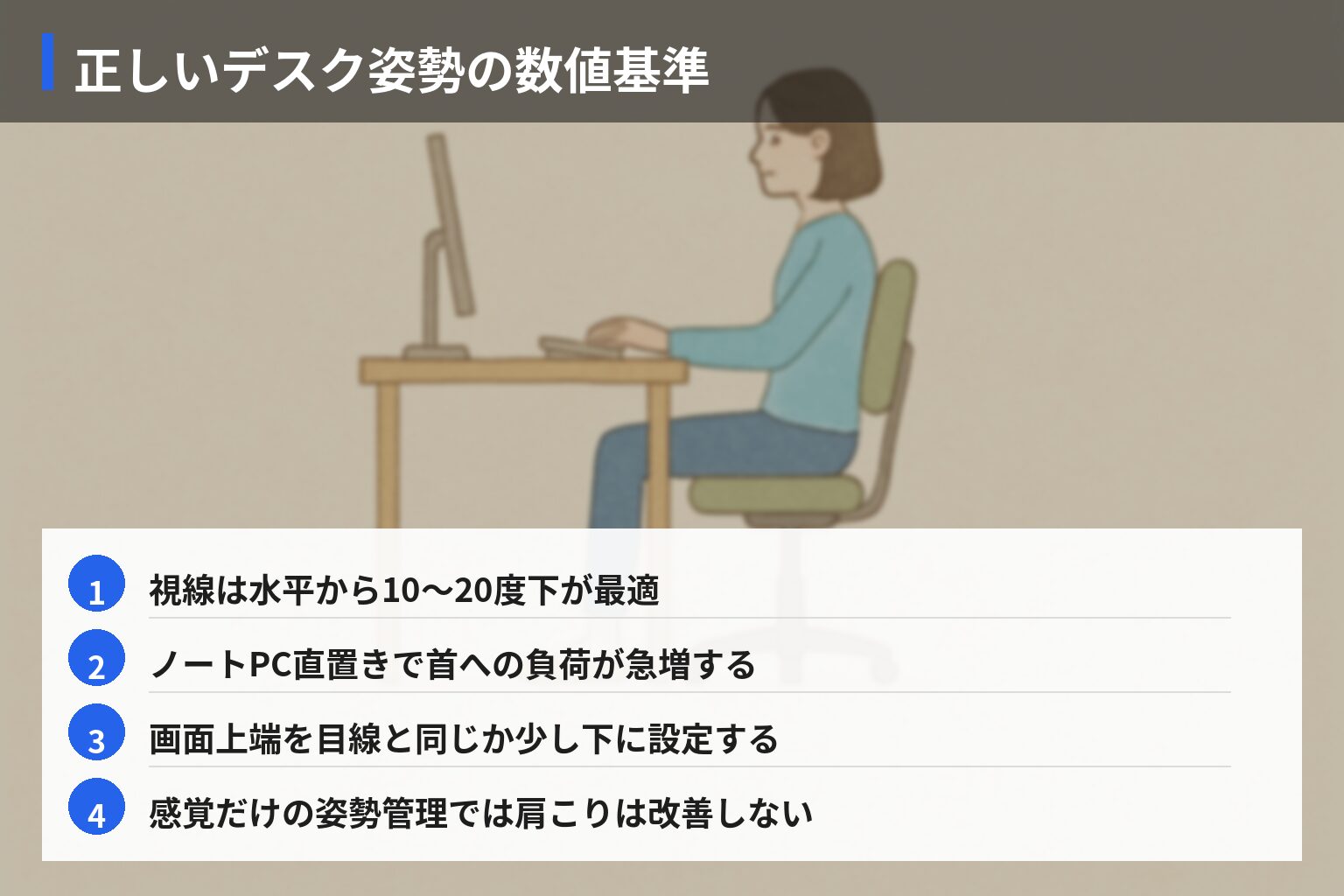整形外科医が推奨する「正しいデスク姿勢」の数値基準の図解・説明イラスト