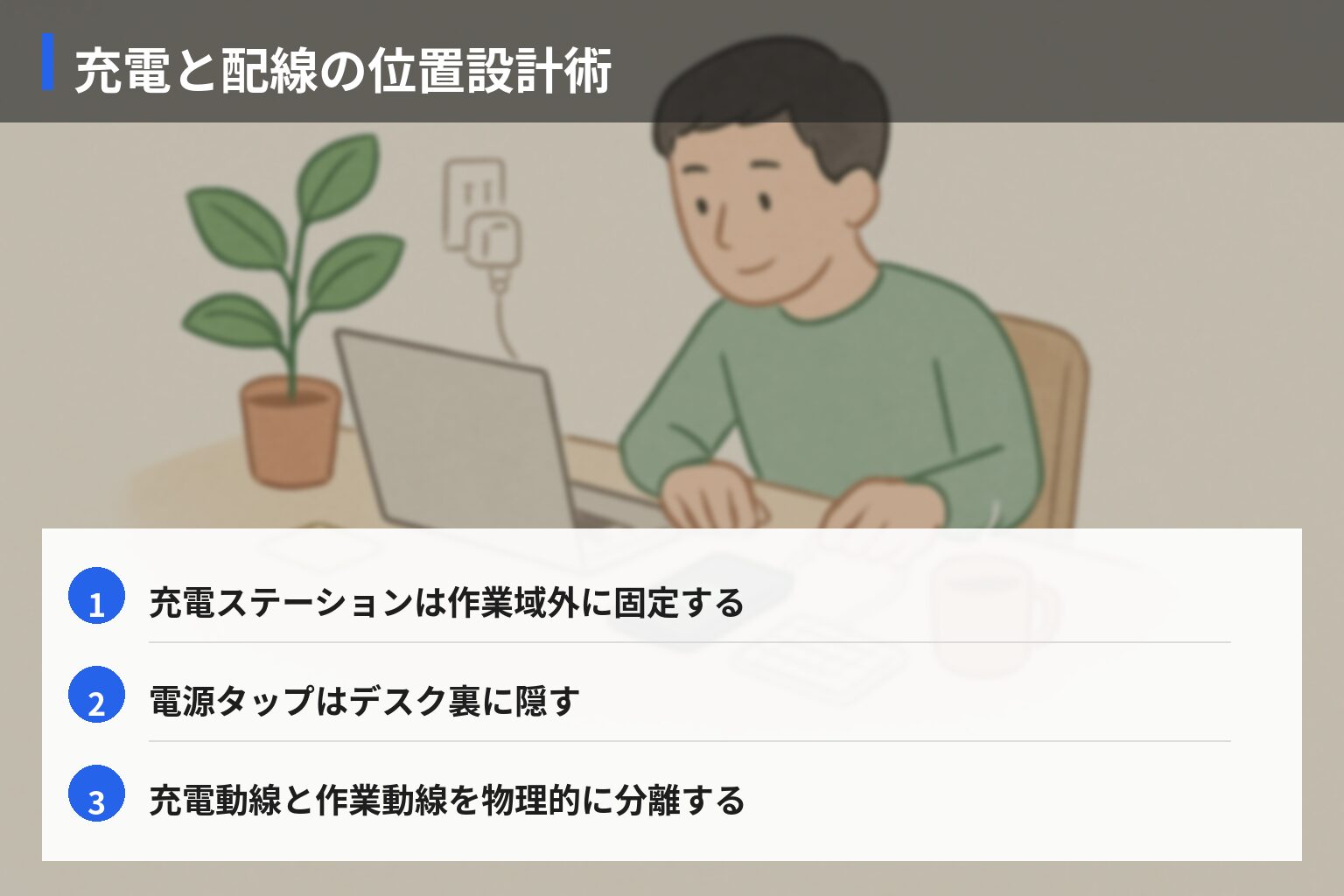 効果があった改善策と最適なデスク充電スタイルの図解・説明イラスト