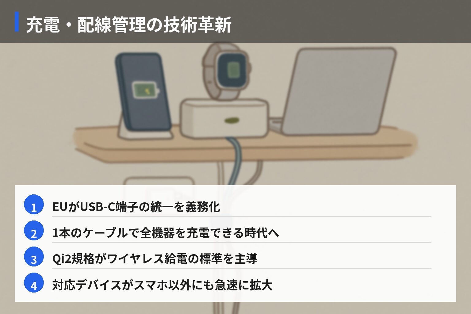 充電ステーション・配線管理の未来と技術革新の図解・説明イラスト