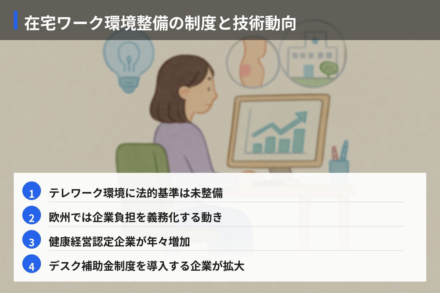 将来展望:在宅ワークと腰痛対策の今後—法規制・技術進化・医療の動向の図解・説明イラスト