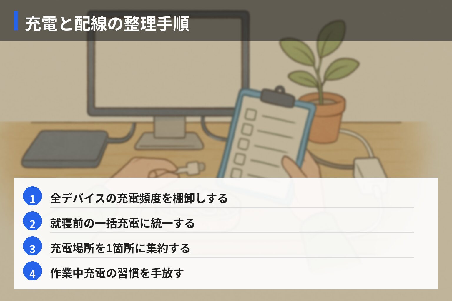 今日から始める！机を汚さない充電・配線管理チェックリストの図解・説明イラスト
