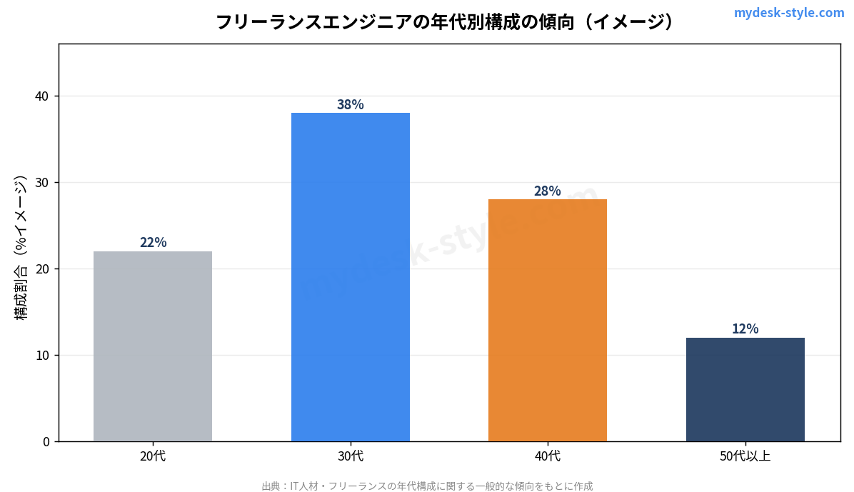 フリーランスエンジニアの年代別構成の傾向（イメージ）